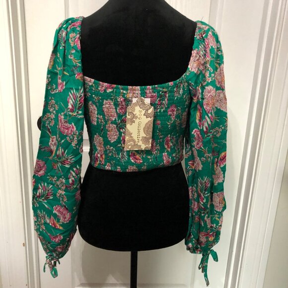B.O.G Collective Green & Pink Floral Square Neck Smocked Long Sleeve Blouse M - Picture 7 of 8